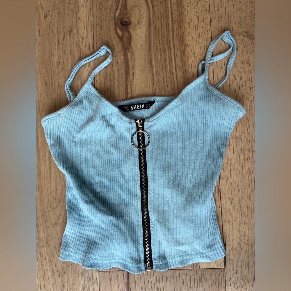 SHEIN Blue Ribbed Camisole Crop Top with Pull Zip
